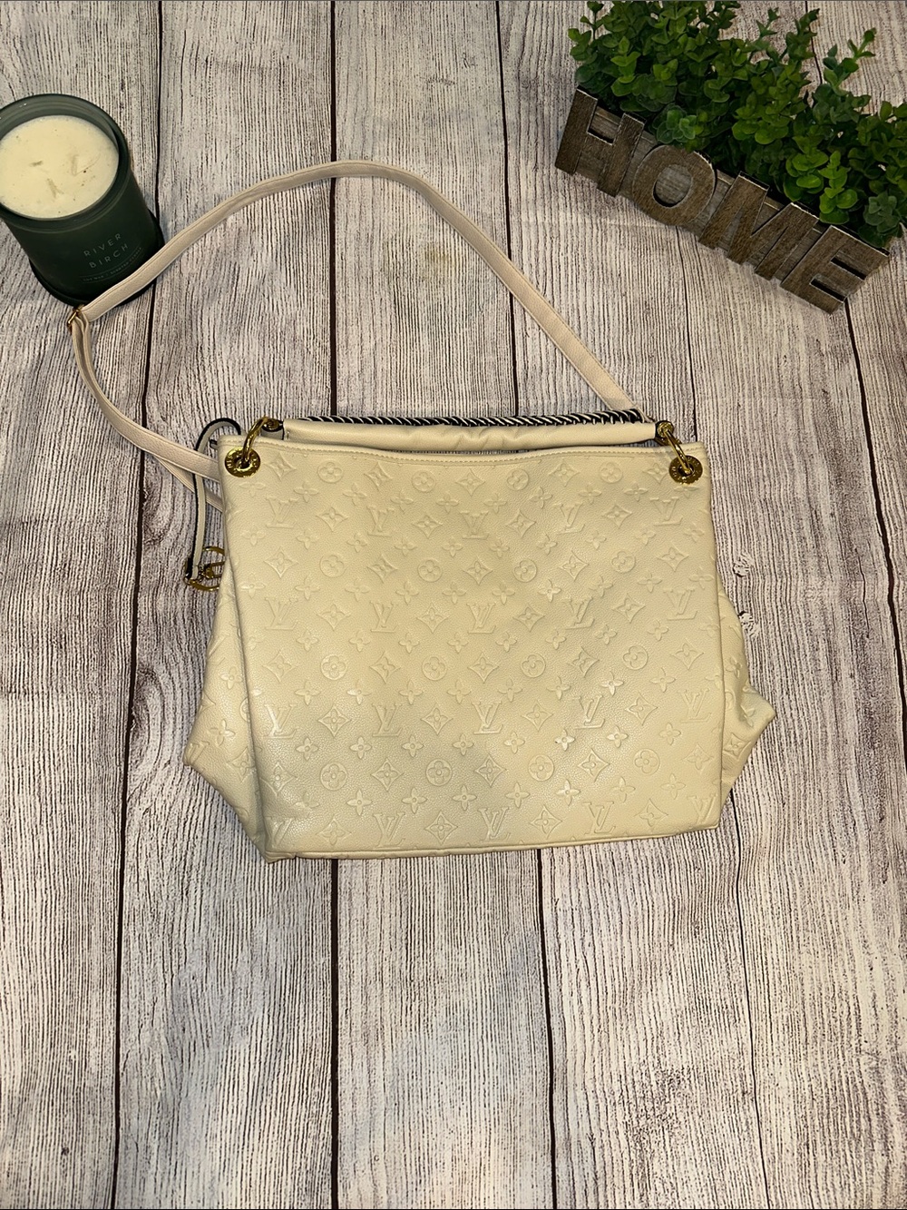 Faux Cream Embossed Monogram Shoulder Bag